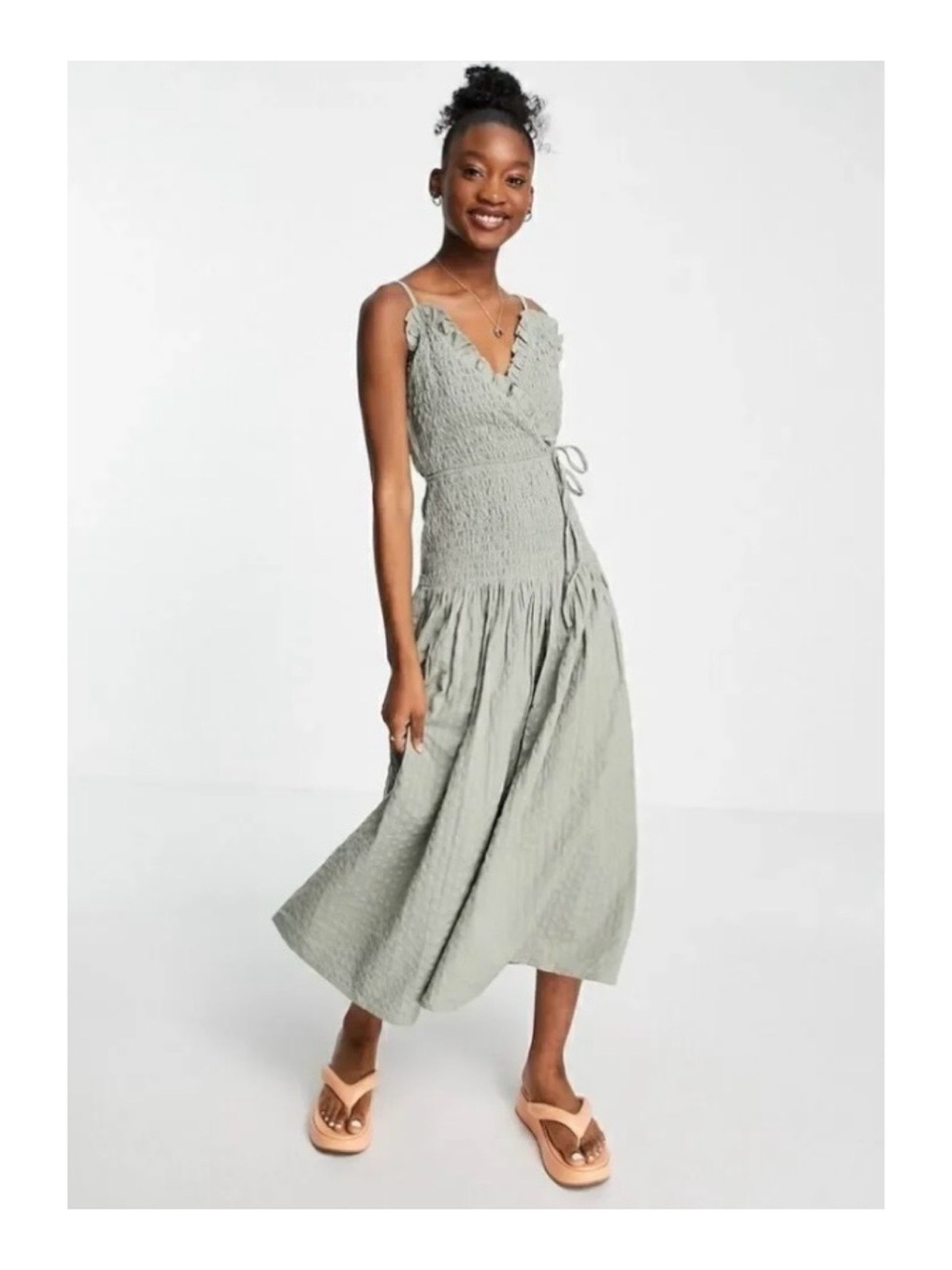 ASOS Sage Green Drop-Waist Smocked Dress
